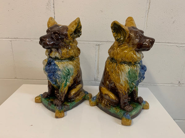 Hollywood Regency Ceramic Dog Statues by Majolica, a Pair