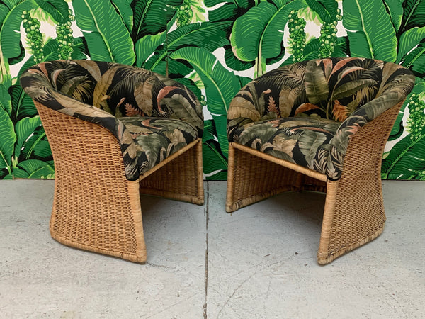 Sculptural Wicker Club Tropical Chairs, a Pair