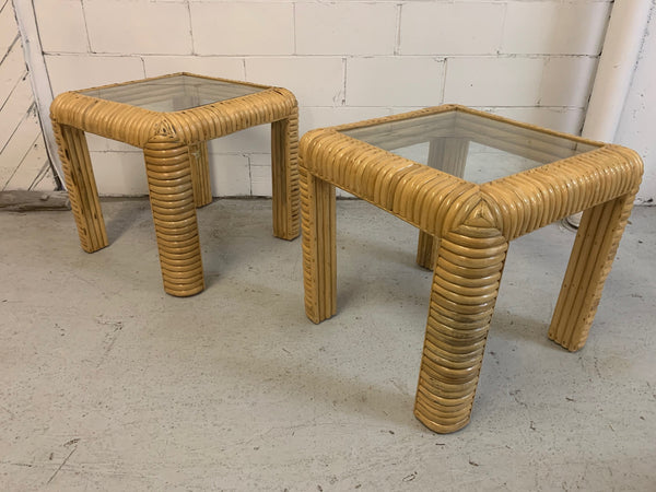 Mid Century Rattan Split Reed End Tables, a Pair front view