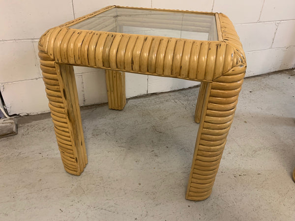 Mid Century Rattan Split Reed End Tables, a Pair side view