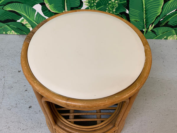 Split Reed Rattan Drum End Table in the Manner of Gabriella Crespi top view