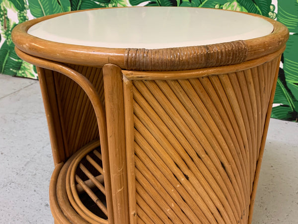 Split Reed Rattan Drum End Table in the Manner of Gabriella Crespi close up