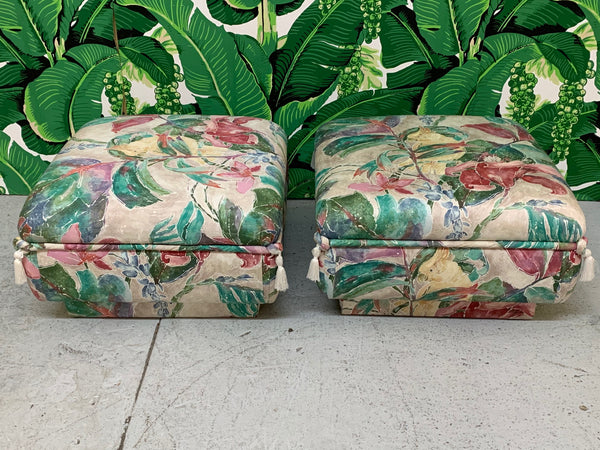 Palm Beach Style Pair of Floral Ottomans front view