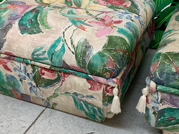 Palm Beach Style Pair of Floral Ottomans side view