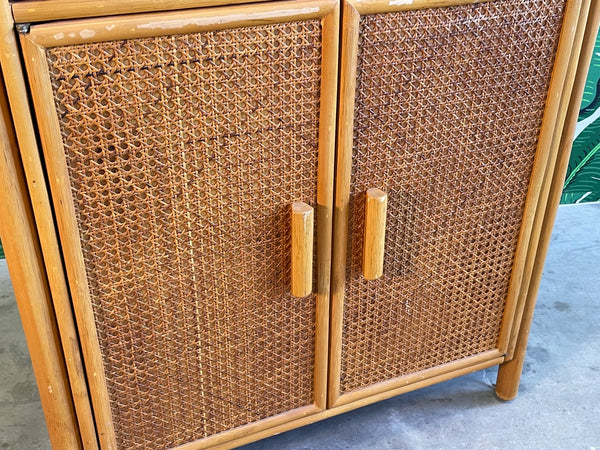 Rattan and Cane Drop Leaf Lighted Bar Cabinet