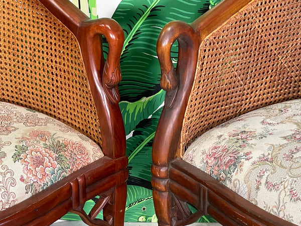 Cane Back Carved Wood Swan Club Chairs