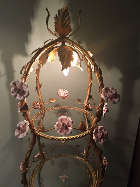 Italian Florentine Tole Gold Gilt Etagere With Porcelain Roses lighted