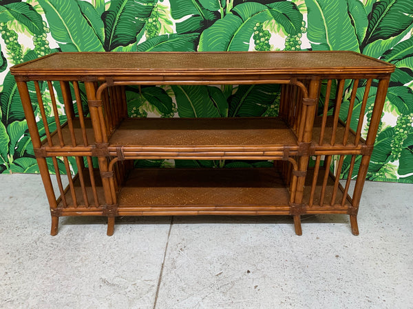 Reeded Bamboo and Woven Rattan Open Shelf Console Table front view