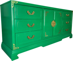Green Lacquered Asian Chinoiserie Nine Drawer Dresser