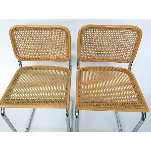 Pair of Cesco Marcel Breuer Style Chrome & Cane Bar Stools