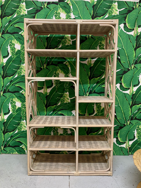 Rattan Chinoiserie Etagere Bookshelf front view