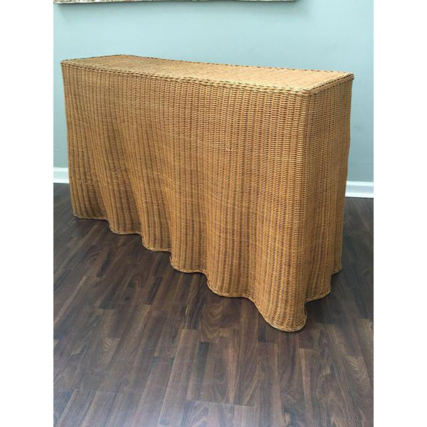 1970's Sculptural Trompe L'oiel Rattan Wicker Draped Skirt Console Sofa Table