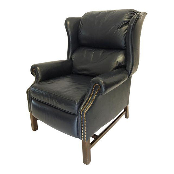 Lane Navy Leather Mid-Century Wingback Recliner