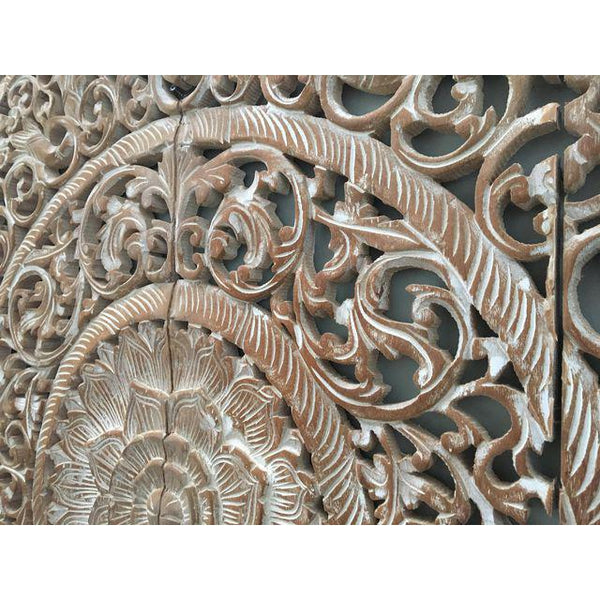 Burmese White Teak Wood Carved Lotus Panel Wall Hanging detailing