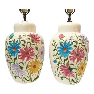 Pair of Hollywood Regency Floral Relief Ceramic Table Lamps