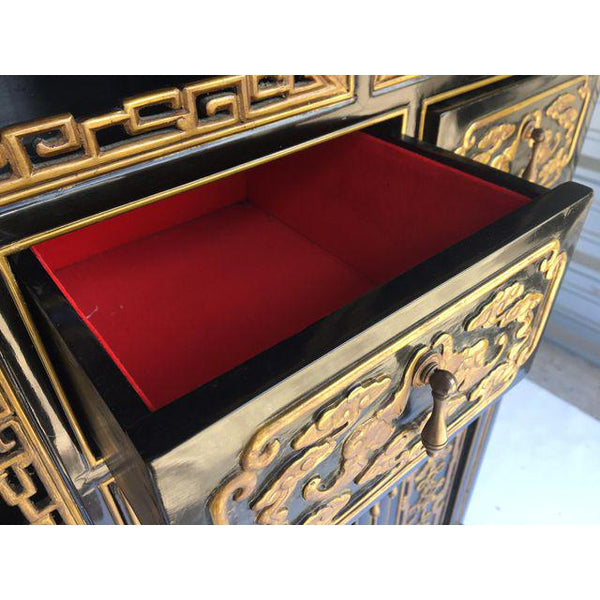 Custom Chinoiserie Hand Carved and Painted Black Lacquered Etagere