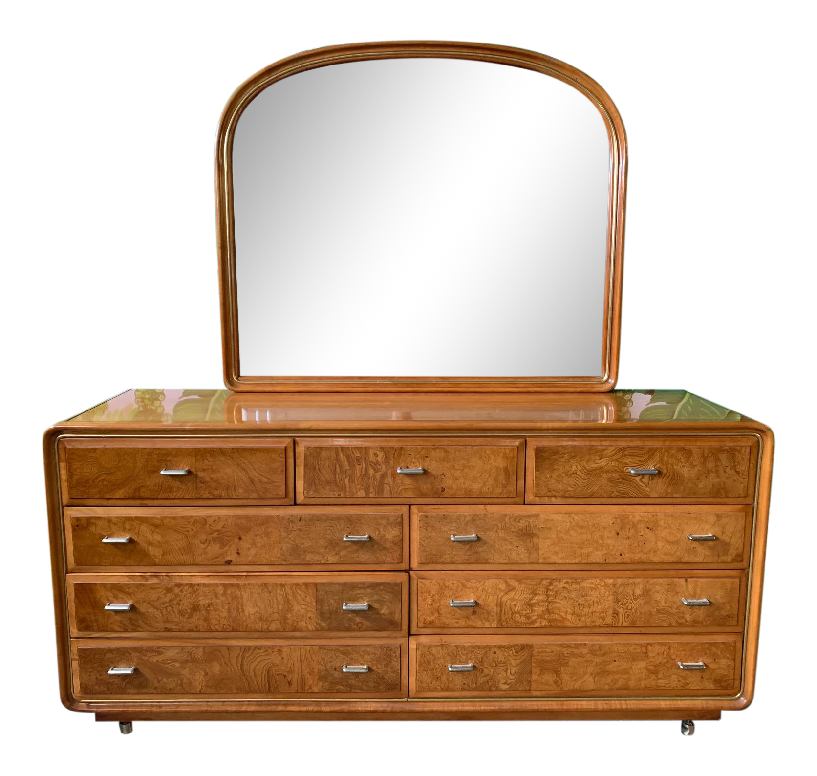 Art Deco Burl Wood Dresser and Mirror by American of Martinsville