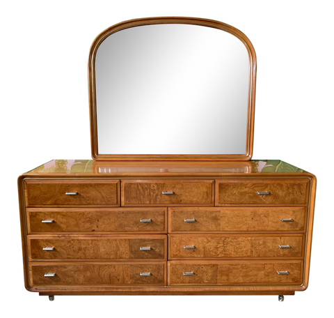 Art Deco Burl Wood Dresser and Mirror by American of Martinsville