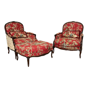 Asian Chinoiserie Carved Bergere Chairs and Ottoman