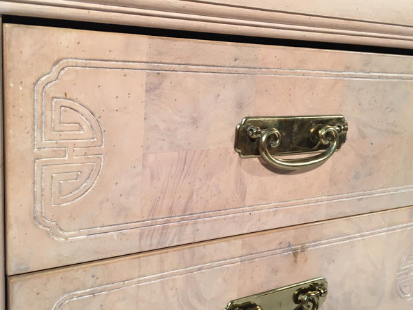 Asian Chinoiserie Light Burl Wood 9-Drawer Dresser close up