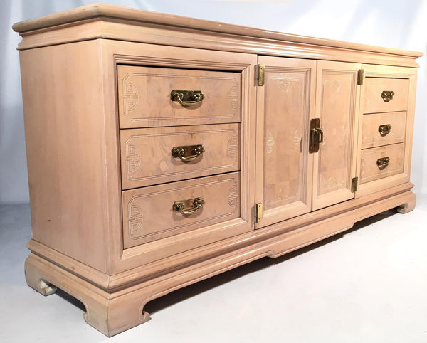 Asian Chinoiserie Light Burl Wood 9-Drawer Dresser side view