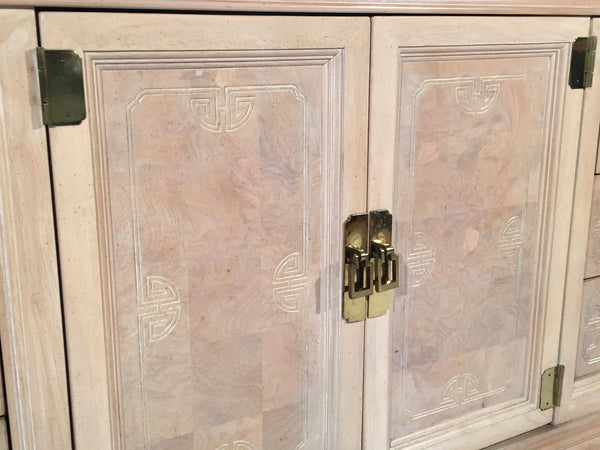 Asian Chinoiserie Light Burl Wood 9-Drawer Dresser doors