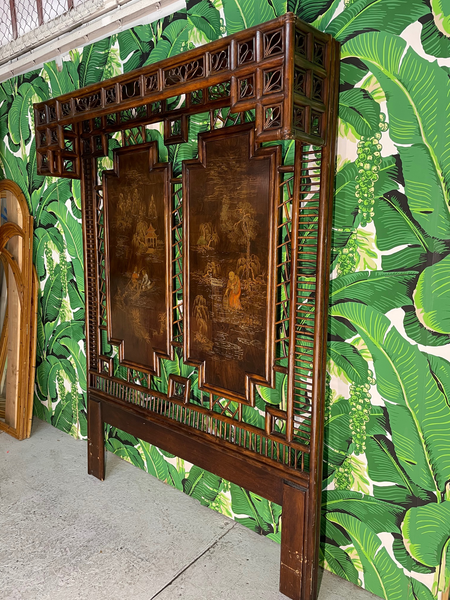 Asian Chinoiserie Rattan Canopy Queen Size Headboard by Henredon side view