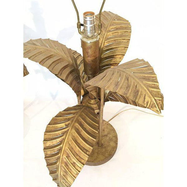 Pair of Large Tole Gold Gilt Sculptural Palm Tree Leaf Table Lamps