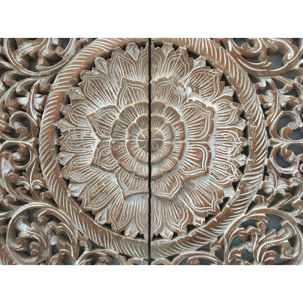 Burmese White Teak Wood Carved Lotus Panel Wall Hanging center