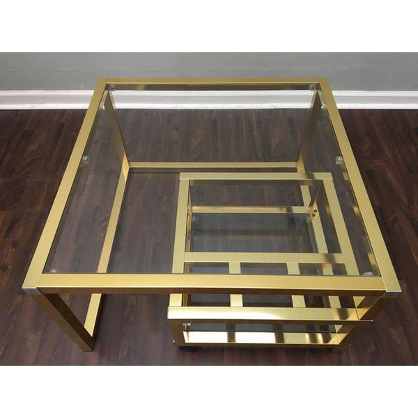 Cubist Brass Swivel Coffee Table with Wine Rack After Milo Baughman top view