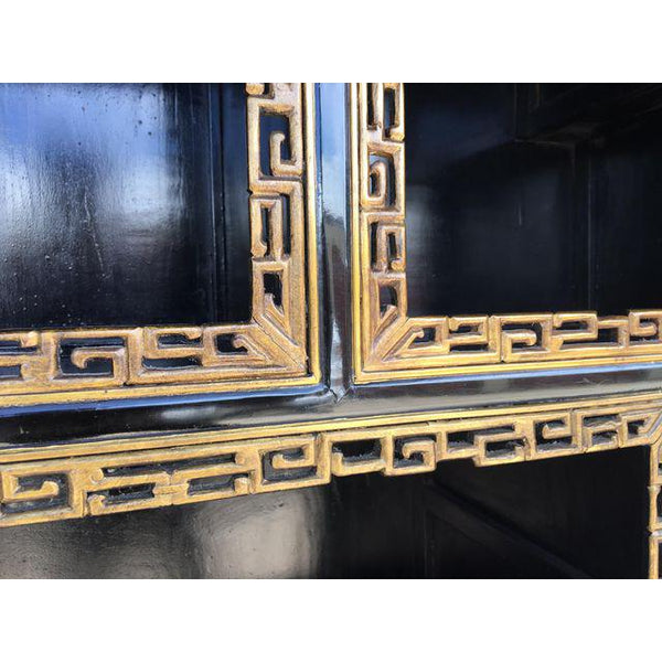 Custom Chinoiserie Hand Carved and Painted Black Lacquered Etagere