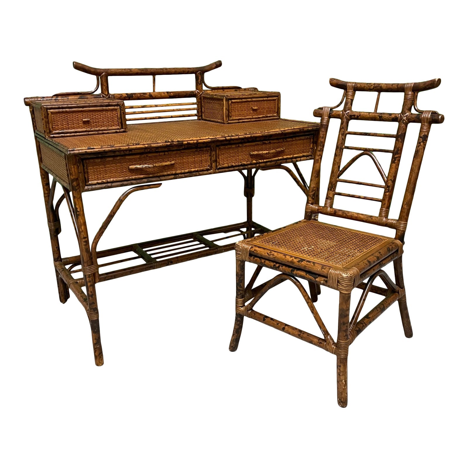 Bamboo and Rattan Pagoda Style Writing Desk and Chair