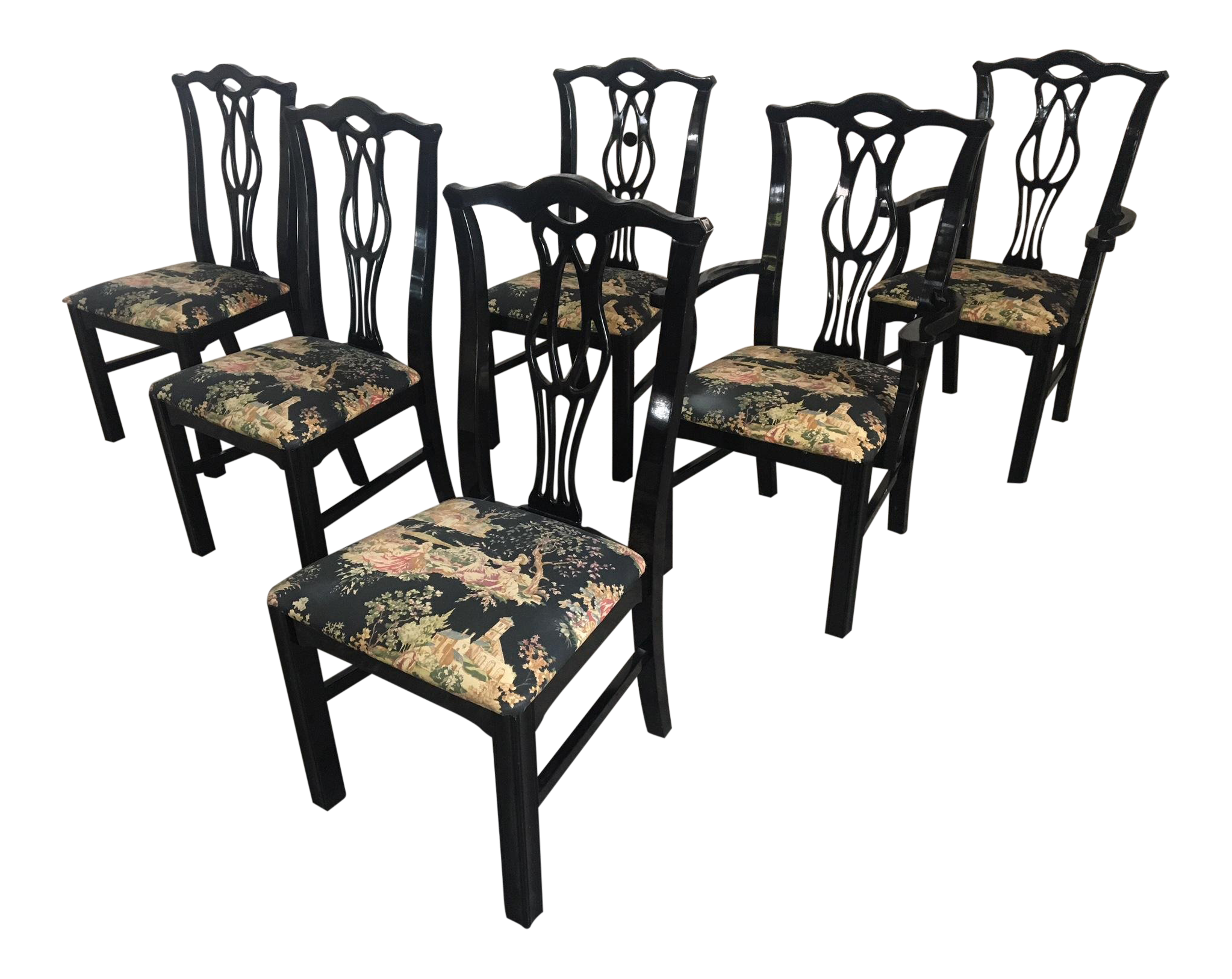 Set of Six Black Chinoiserie Chippendale Dining Chairs