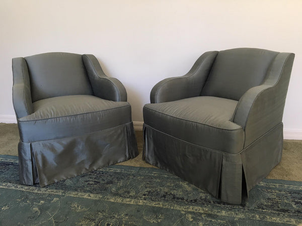 Pair of Blue Silk Club Chairs by Hickory Chair
