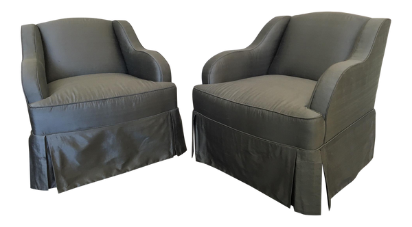 Pair of Blue Silk Club Chairs by Hickory Chair