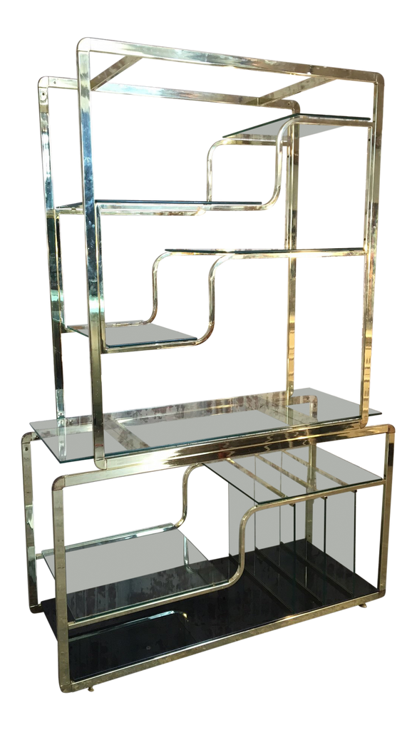 FLAT BAR CHROME AND GLASS ETAGERE IN THE MANNER OF MILO BAUGHMAN – Modern  Redux