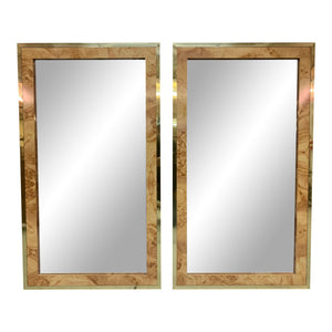 Burl Wood and Brass Wall Mirrors, a Pair