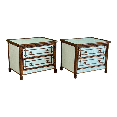 Burnt Bamboo Rattan and Wicker Nightstands, a Pair