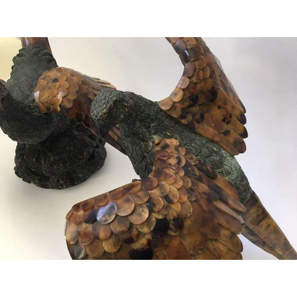 Pair of Maitland Smith Bronze Pheasant Sculptures with Tiger Penshell Inlay