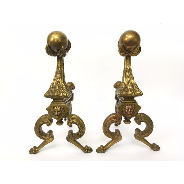 Pair of Solid Brass Lion Head Fire Ball Andirons
