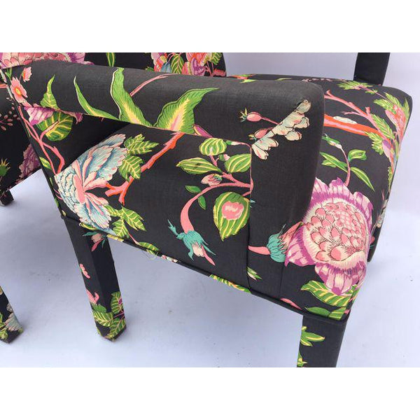 Pair of Chinoiserie Floral Arm Chairs After Milo Baughman