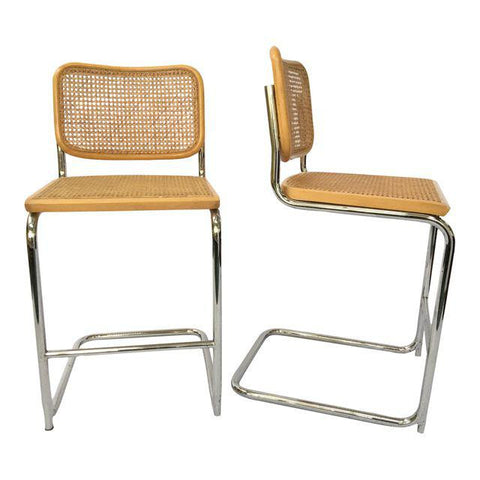 Pair of Cesco Marcel Breuer Style Chrome & Cane Bar Stools