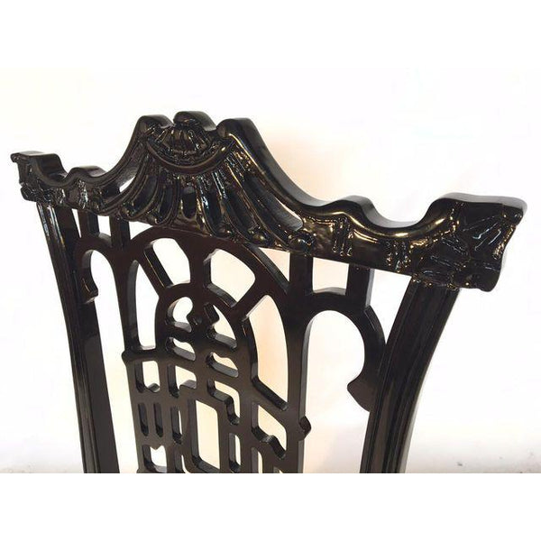 Set of 4 Black Lacquer Asian Chinoiserie Pagoda Dining Chairs