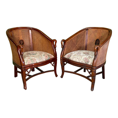 Cane Back Carved Wood Swan Club Chairs