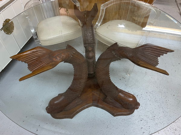 Carved Wood Koi Fish Pedestal Dining Table top view
