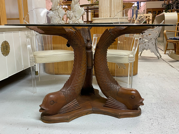 Carved Wood Koi Fish Pedestal Dining Table front view