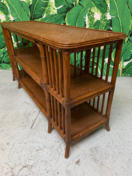 Reeded Bamboo and Woven Rattan Open Shelf Console Table side view