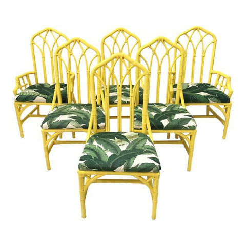 Tropical Banana Leaf Print Bamboo Rattan Dining Chairs by Henry Link - Set of 6