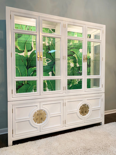 White Lacquered Asian Chinoiserie Lighted Cabinet by Century side view