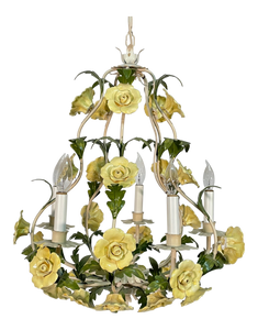 Ceramic and Tole Floral Rose 5 Arm Chandelier